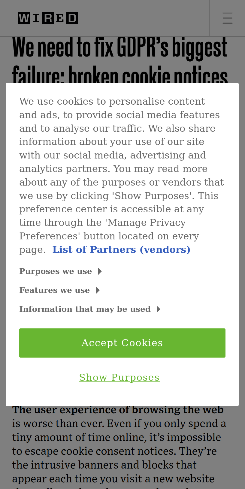 Wired’s article about “GDPR’s biggest failure: broken cookie notices” is hidden behind a cookie wall.